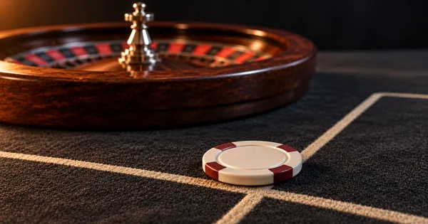 A single chip where the lines of a betting layout cross, a roulette wheel behind