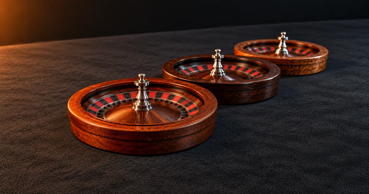Three roulette wheels of different wooden profiles in a diagonal row