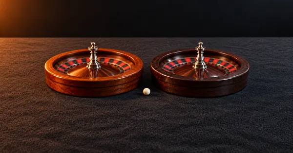 Two roulette wheels side by side with a white ball between them
