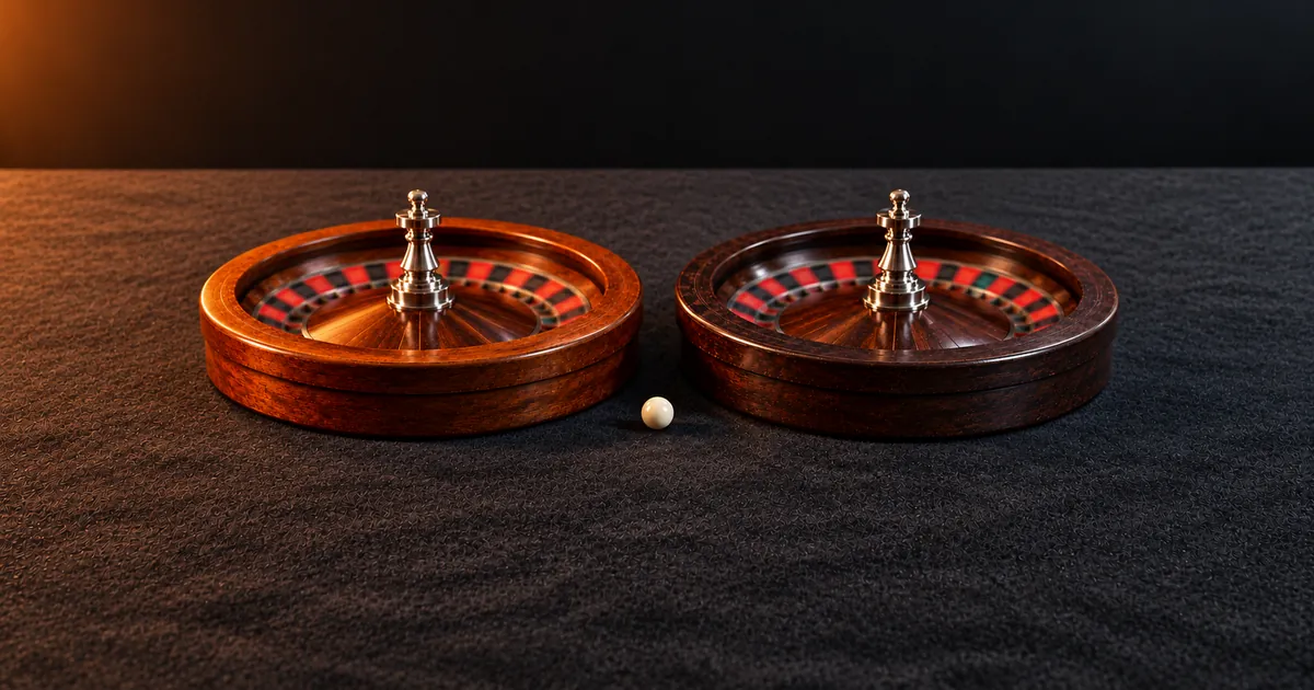 Two roulette wheels side by side with a white ball between them