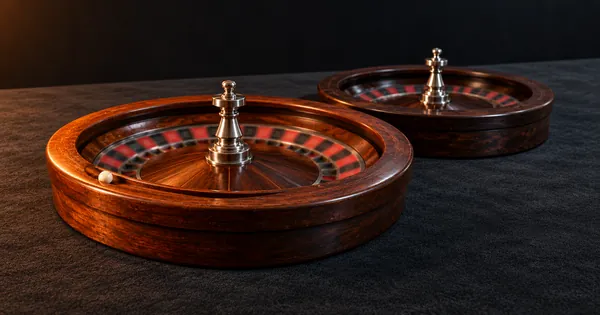 Two wooden roulette wheels on dark felt, a white ball on the nearer wheel