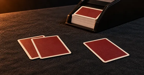 A pair of face-down cards and a third card set apart, in front of a card shoe