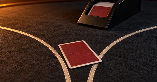 A face-down card at a fork in the felt lines, a card shoe behind