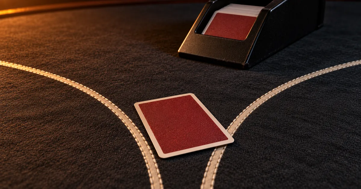 A face-down card at a fork in the felt lines, a card shoe behind