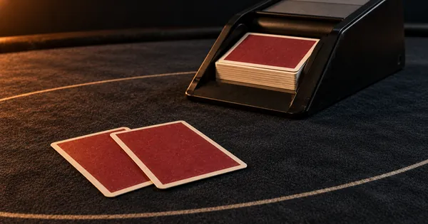 Two face-down cards in front of a card shoe on dark felt