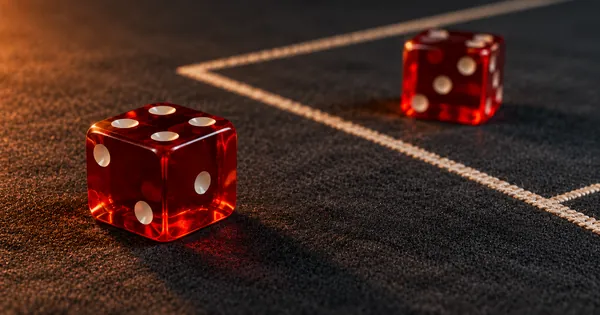 A red die in focus and a second die further back near an empty box on the felt