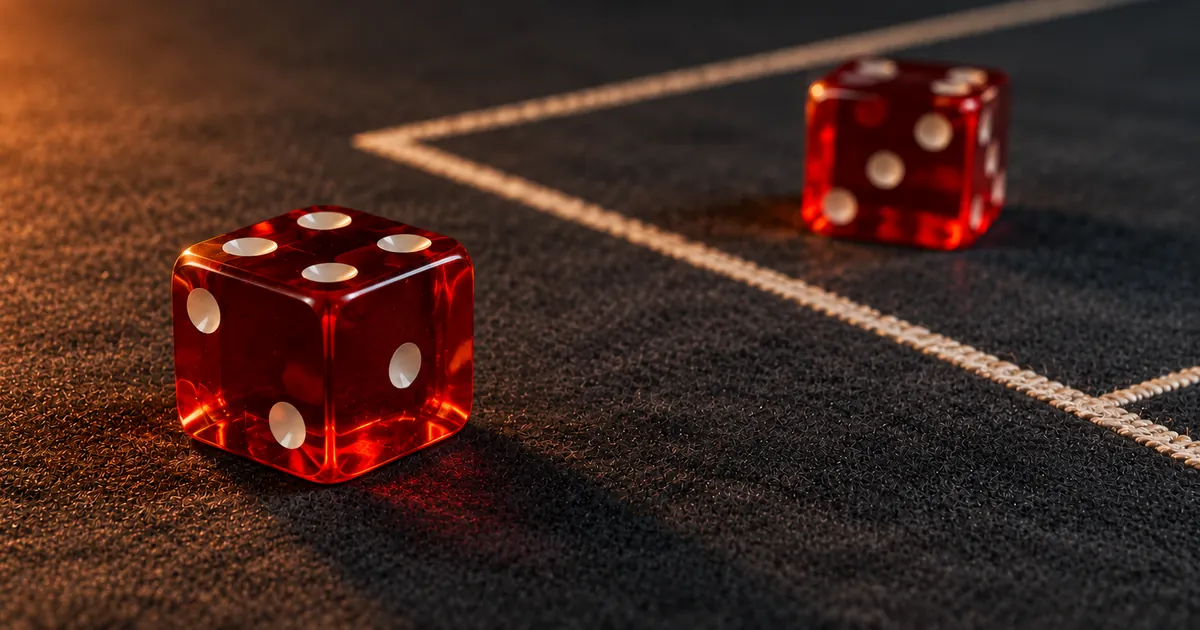 A red die in focus and a second die further back near an empty box on the felt