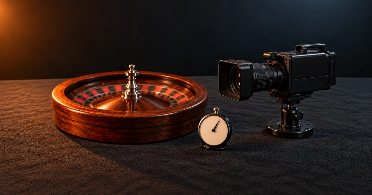 A broadcast camera facing a roulette wheel, a small timer beside it