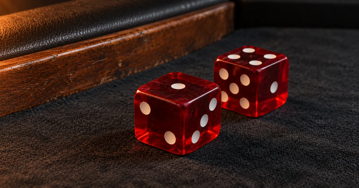 Two translucent red dice on felt by the wooden rail of a table