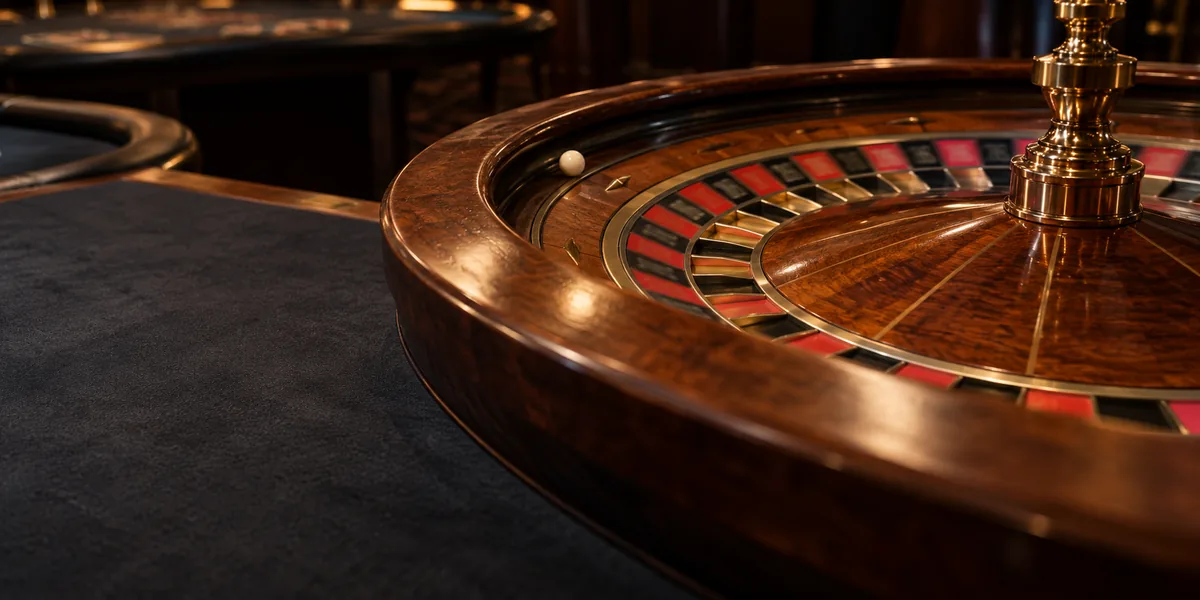 Close-up of a wooden roulette wheel on a dark live casino table